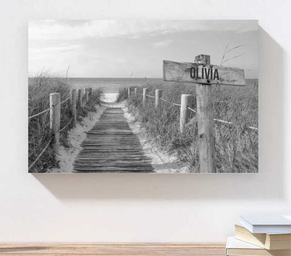 Wooden Sign (Beach Walk Black & White) - Canvas