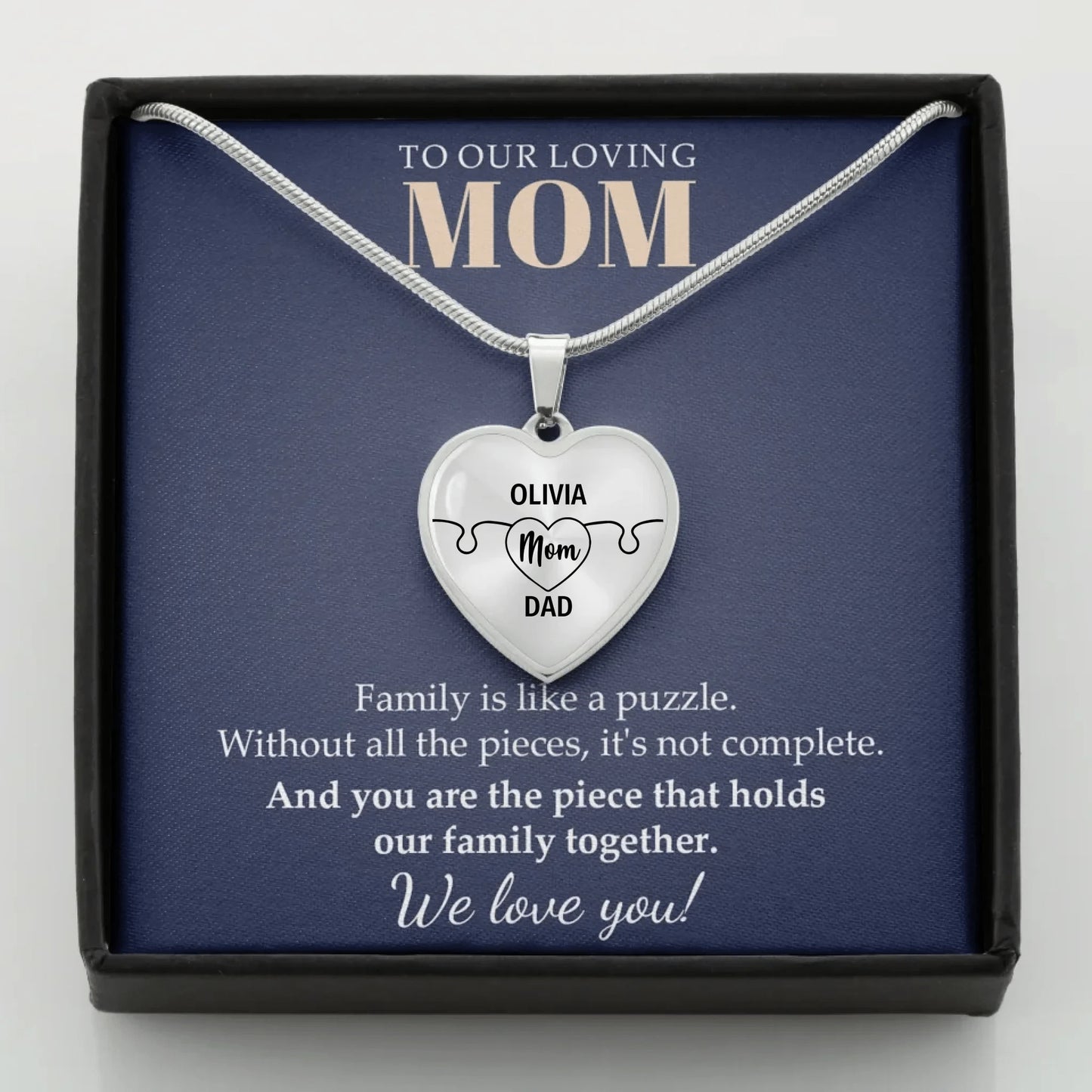 To Mom - Family Is Like A Puzzle - Customizable Puzzle Piece Necklace Teeinblue Mockup STEEL