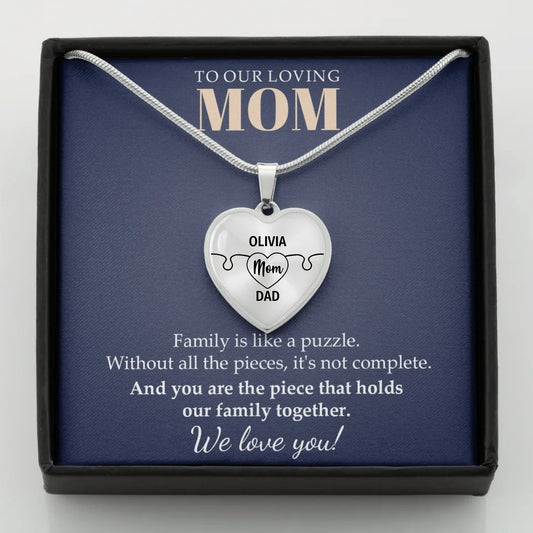 To Mom - Family Is Like A Puzzle - Customizable Puzzle Piece Necklace Teeinblue Mockup STEEL
