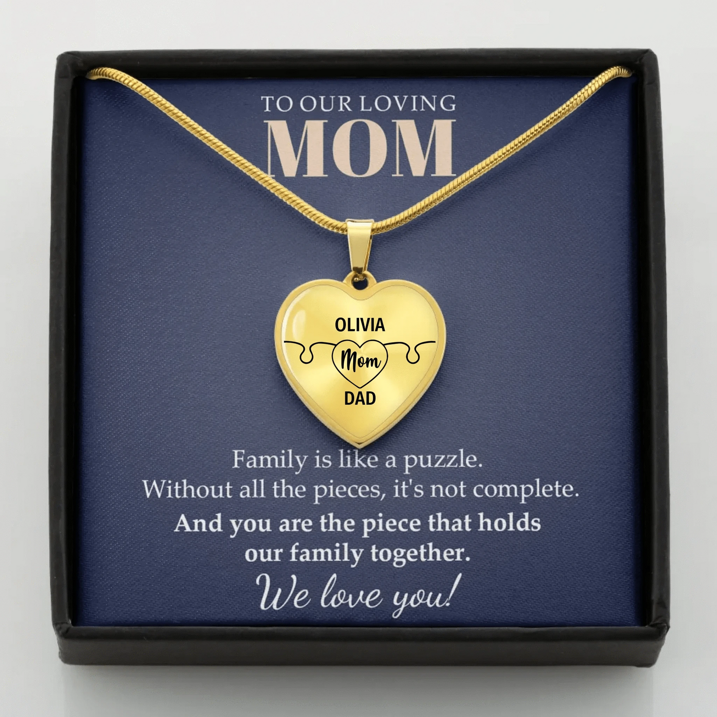 To Mom - Family Is Like A Puzzle - Customizable Puzzle Piece Necklace Teeinblue Mockup GOLD