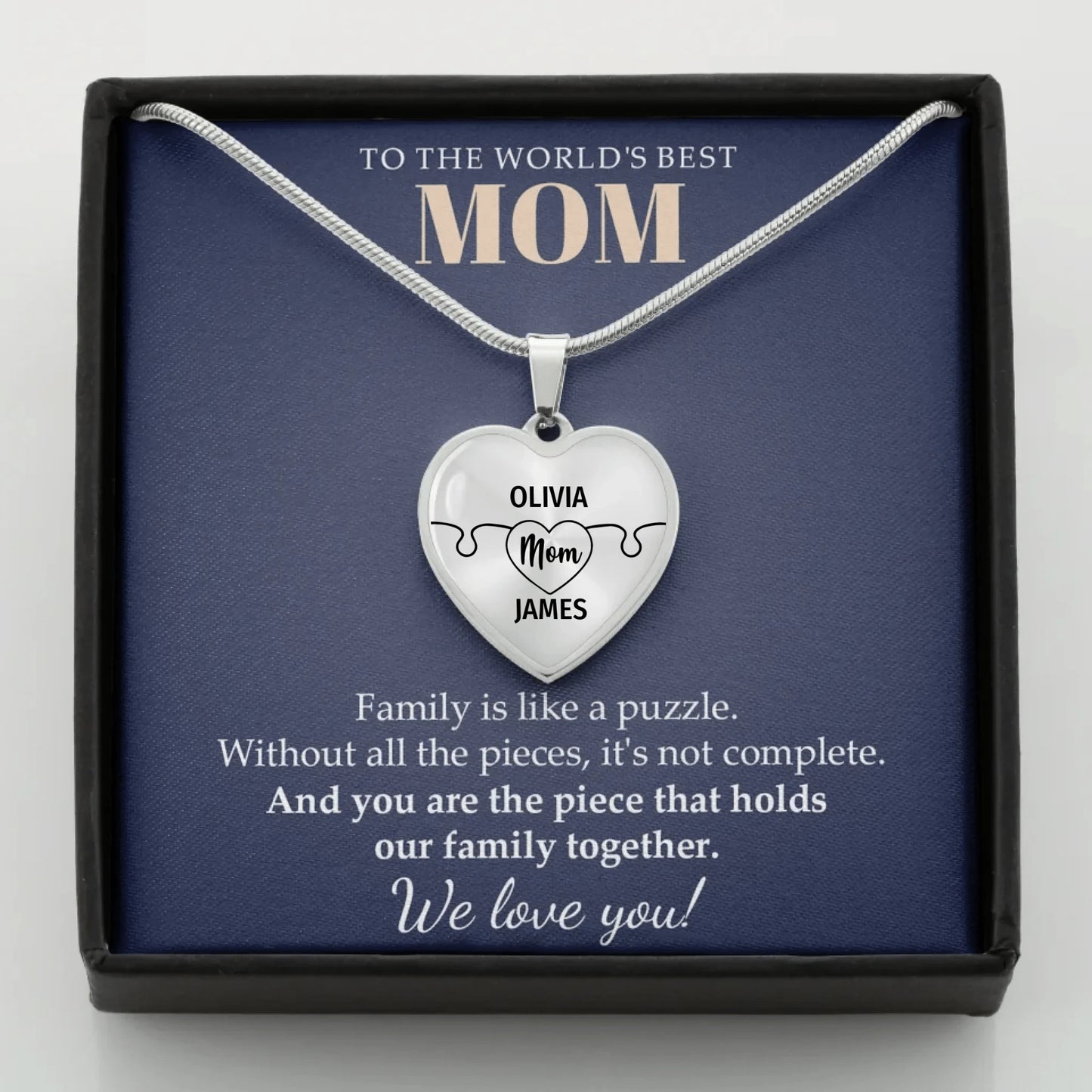 To The World's Best Mom - Family Is Like A Puzzle - Customizable Puzzle Piece Necklace Teeinblue Mockup STEEL