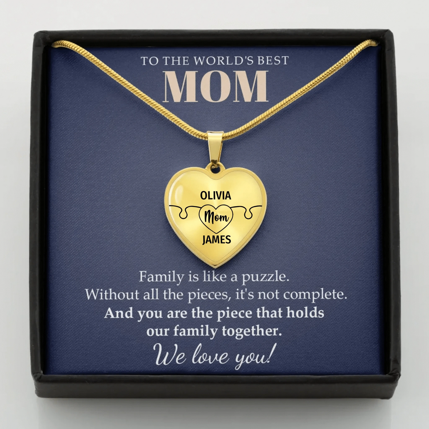 To The World's Best Mom - Family Is Like A Puzzle - Customizable Puzzle Piece Necklace Teeinblue Mockup Gold