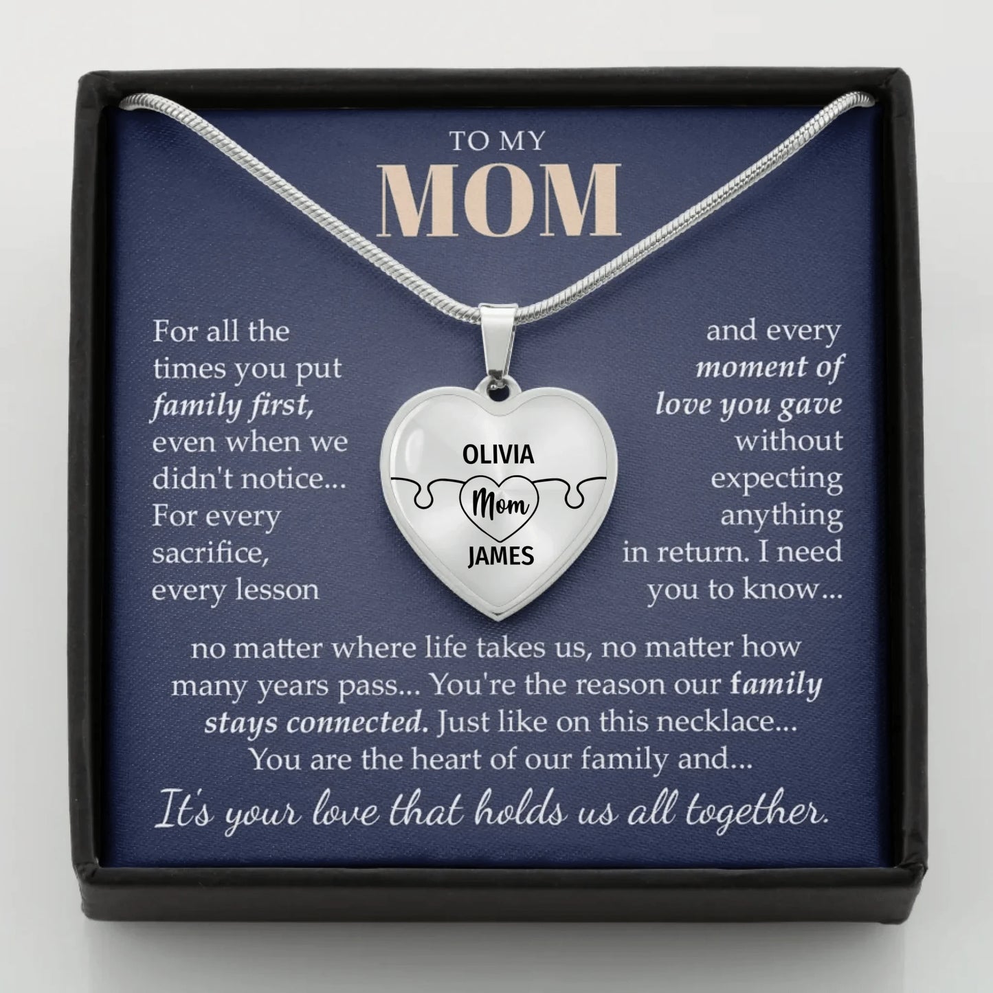 US25-004 - To Mom - The Heart Of The Family - Puzzle Piece Necklace mockup for teeinblue Steel