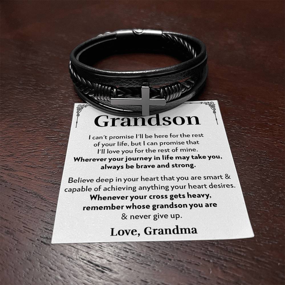 To Grandson (From Grandma) - Believe - Men's Cross Vegan Leather Bracelet