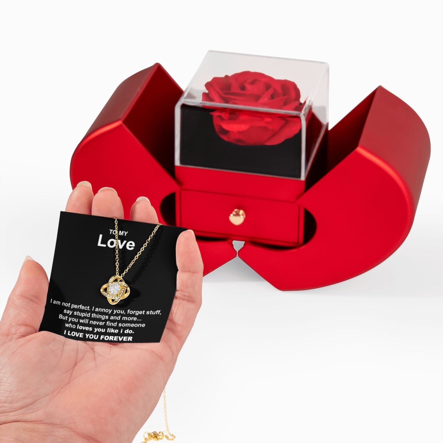 To My Love - Loves You Like I Do - Love Knot Necklace with Red Heart Rose Box