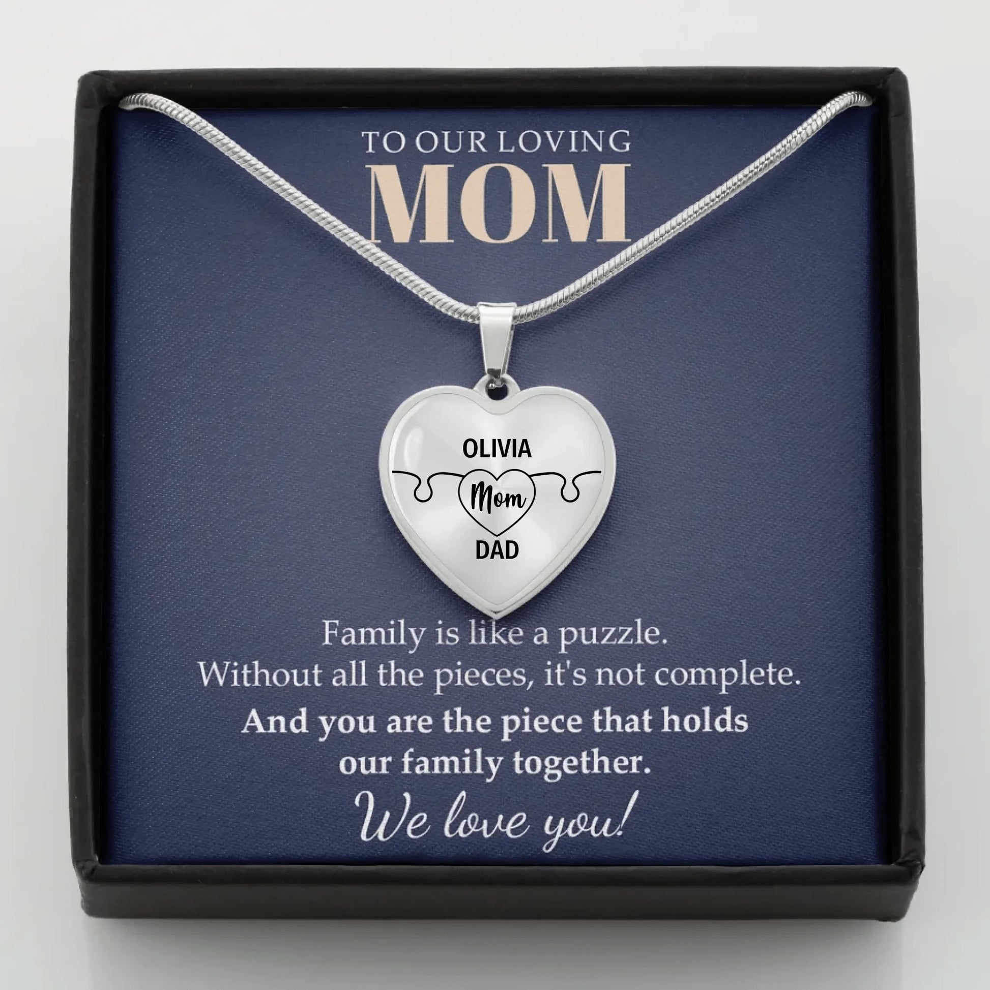 To Mom - Family Is Like A Puzzle - Customizable Puzzle Piece Necklace Teeinblue Mockup STEEL