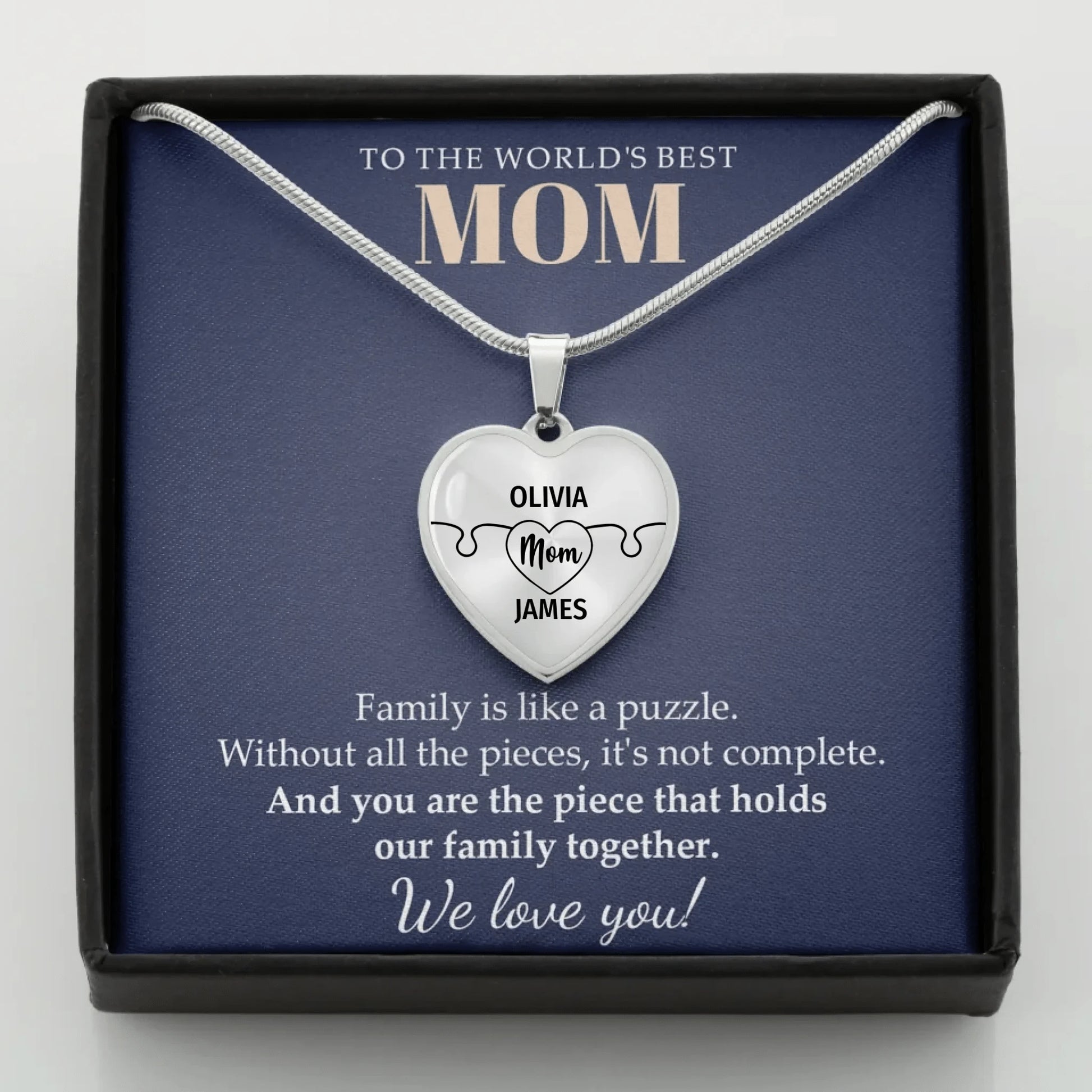 To The World's Best Mom - Family Is Like A Puzzle - Customizable Puzzle Piece Necklace Teeinblue Mockup STEEL