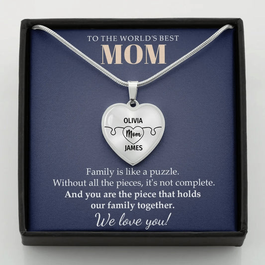 To The World's Best Mom - Family Is Like A Puzzle - Customizable Puzzle Piece Necklace Teeinblue Mockup STEEL