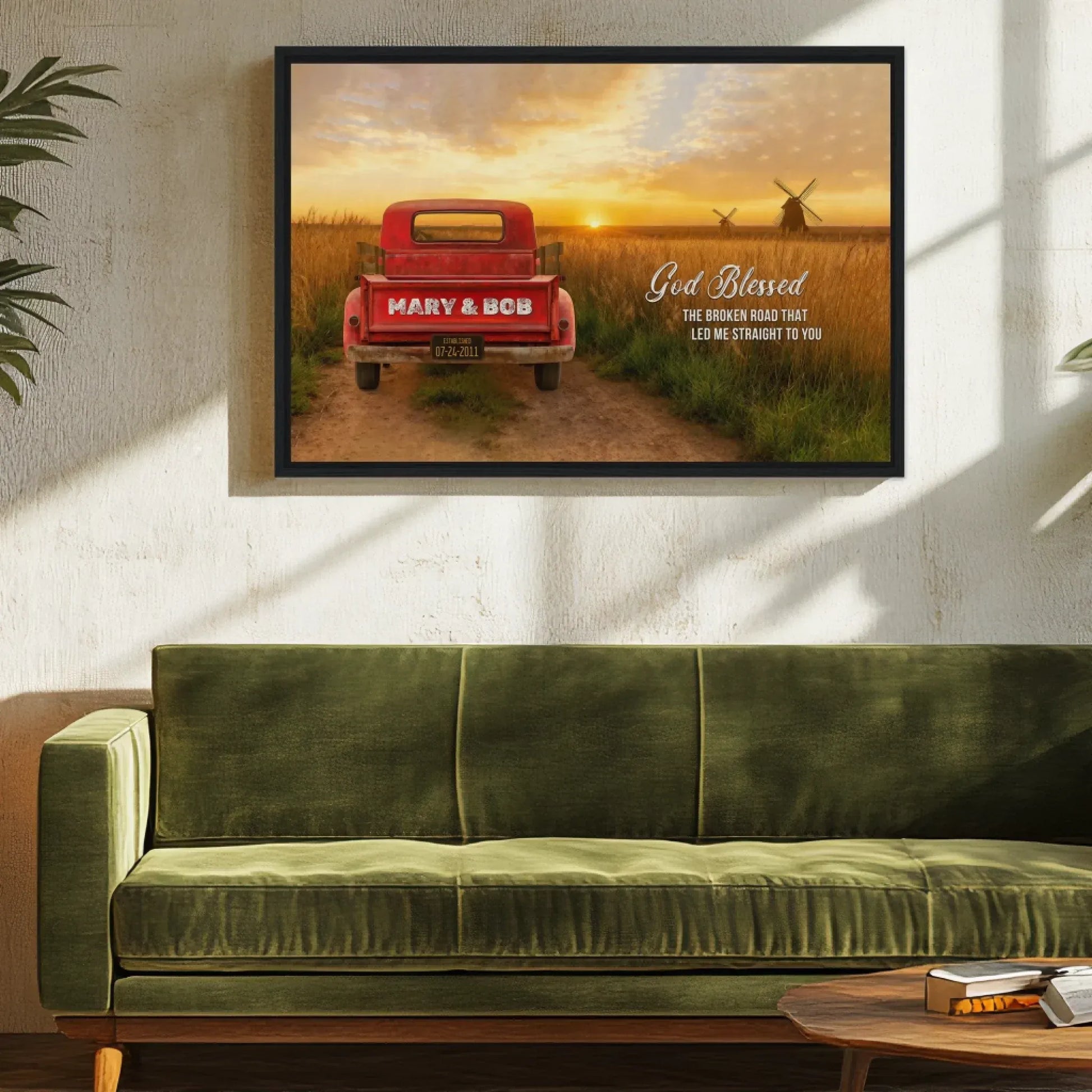 1x1 Framed Canvas - Black Wood on wall with green sofa