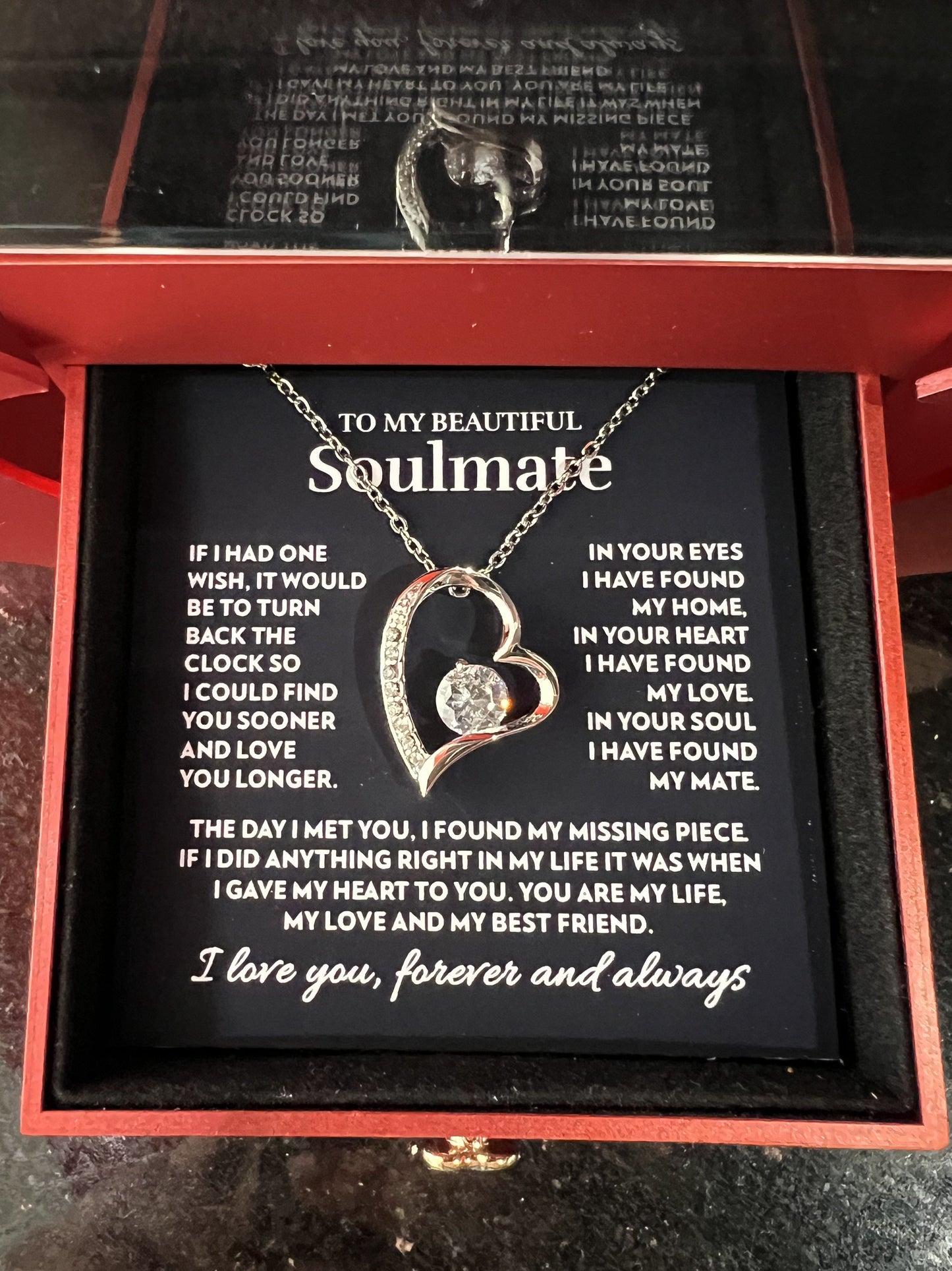 To My Soulmate - In Your Heart - Forever Love Necklace with Red Heart Rose Box
