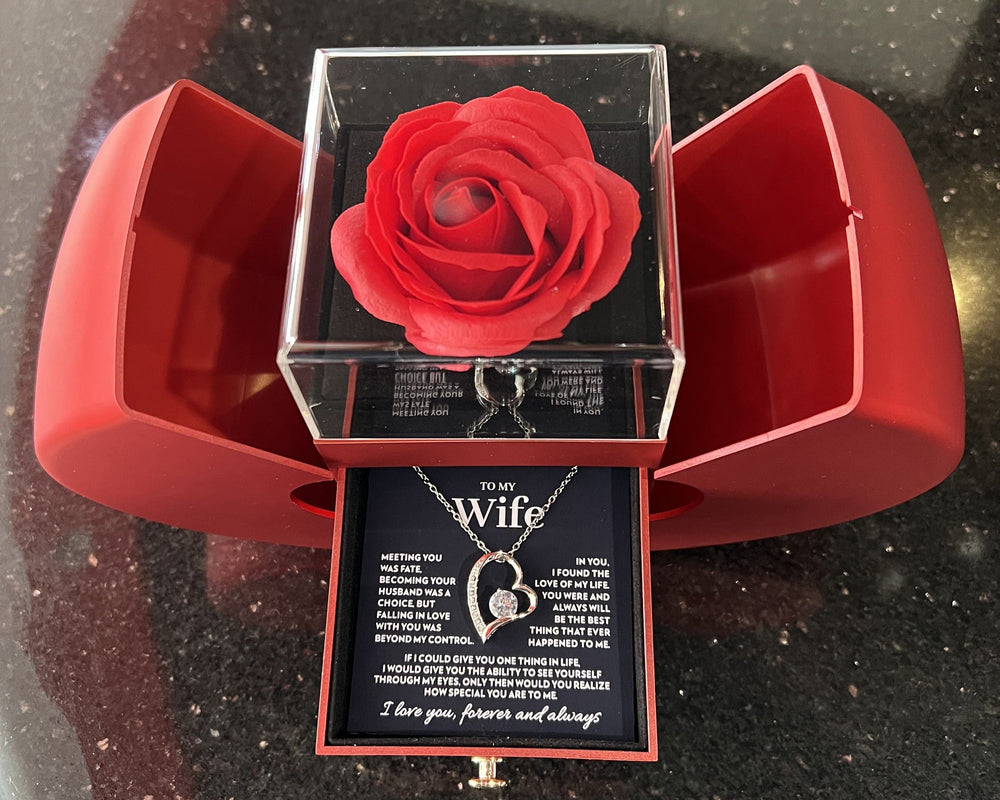 Red heart box with a soap rose, opened to show the "To My Wife" message card with the heart pendant necklace in the drawer