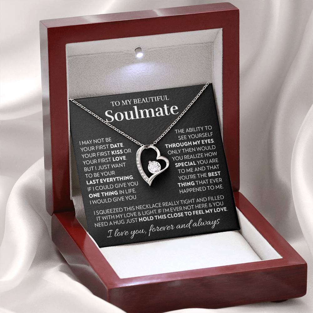Mahogany style box with LED light holding the heart pendant necklace in 14k white gold finish and the "To My Beautiful Soulmate" message card for wife or girlfriend