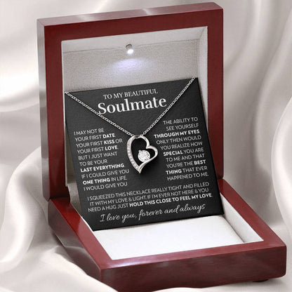 Mahogany style box with LED light holding the heart pendant necklace in 14k white gold finish and the "To My Beautiful Soulmate" message card for wife or girlfriend