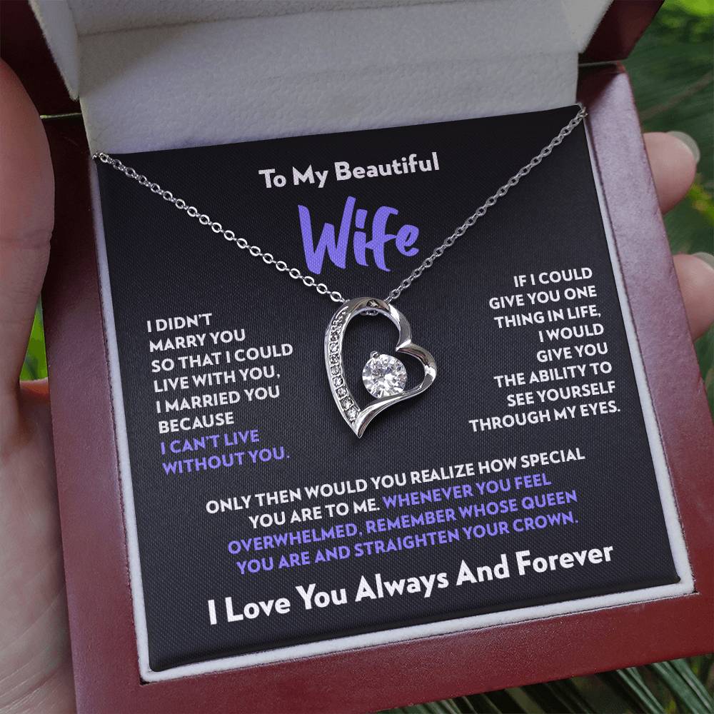 Mahogany style box with LED light holding the heart pendant necklace in 14k white gold finish and the "To My Beautiful Wife" message card from husband