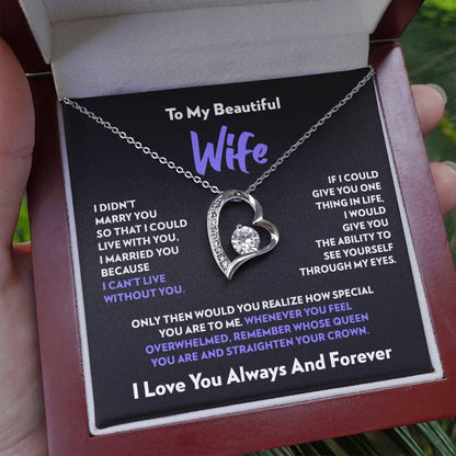 Mahogany style box with LED light holding the heart pendant necklace in 14k white gold finish and the "To My Beautiful Wife" message card from husband
