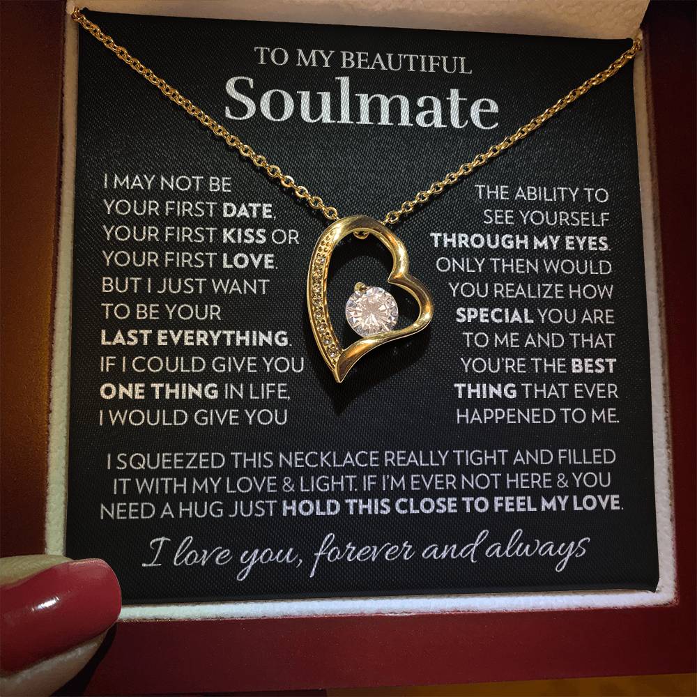 Mahogany style box with LED light holding the heart pendant necklace in 18k yellow gold finish and the "To My Beautiful Soulmate" message card for wife or girlfriend
