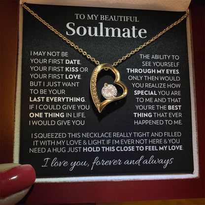 Mahogany style box with LED light holding the heart pendant necklace in 18k yellow gold finish and the "To My Beautiful Soulmate" message card for wife or girlfriend