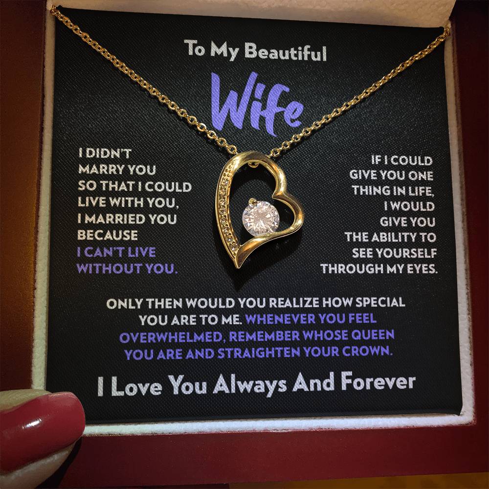 Mahogany style box with LED light holding the heart pendant necklace in 18k yellow gold finish and the "To My Beautiful Wife" message card from husband