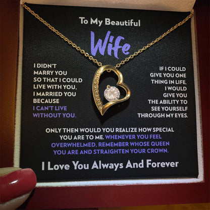 Mahogany style box with LED light holding the heart pendant necklace in 18k yellow gold finish and the "To My Beautiful Wife" message card from husband