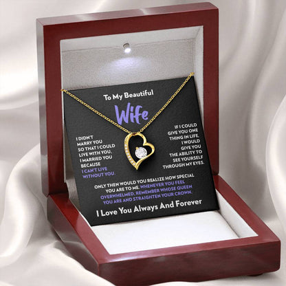 Mahogany style box with LED light holding the heart pendant necklace in 18k yellow gold finish and the "To My Beautiful Wife" message card from husband