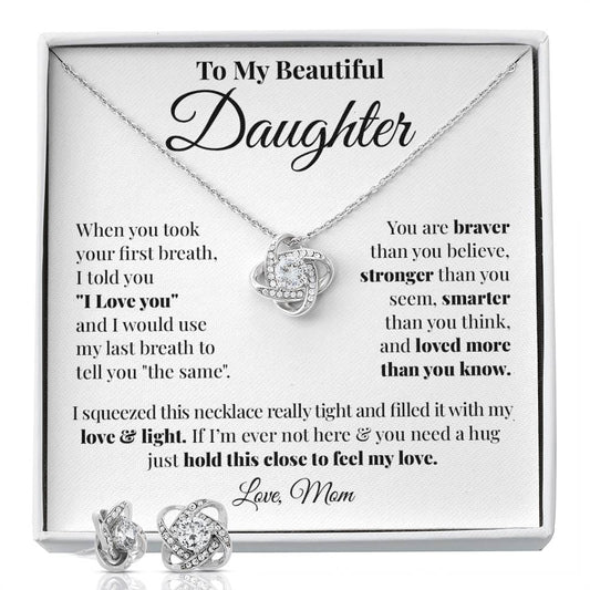 To Daughter (From Mom) - First Breath - Love Knot Necklace & Earrings Set