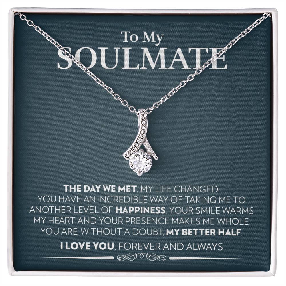 Ribbon pendant necklace in 14k white gold finish on the "To My Soulmate" message card for wife or girlfriend