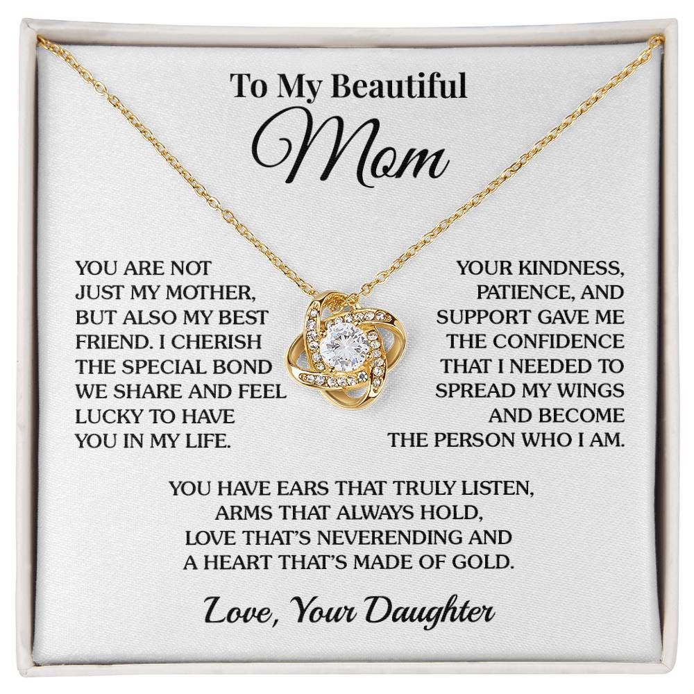 To Mom (From Daughter) - Golden Heart - Love Knot Necklace