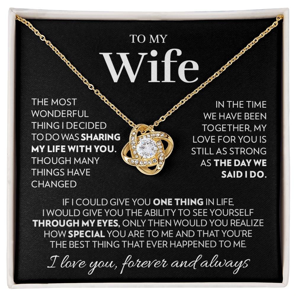 Love knot pendant necklace in 18k yellow gold finish on the "To My Wife" message card from husband