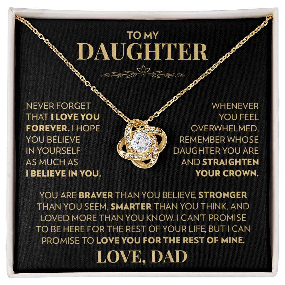 Love knot pendant necklace in 18k yellow gold finish on the "To My Daughter" message card from Dad (Never Forget That I Love You)