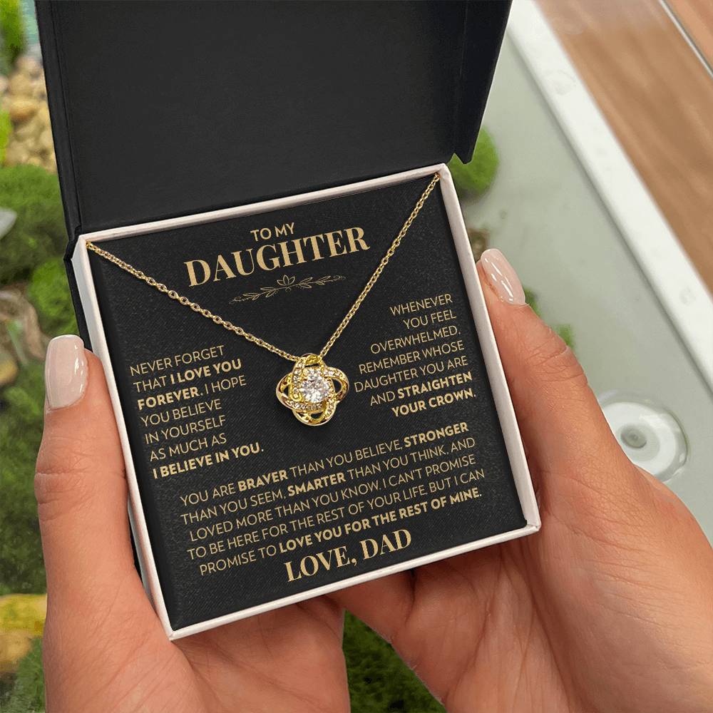 Love knot pendant necklace in 18k yellow gold finish with the "To My Daughter" message card from Dad (Never Forget That I Love You), in the two tone soft touch box