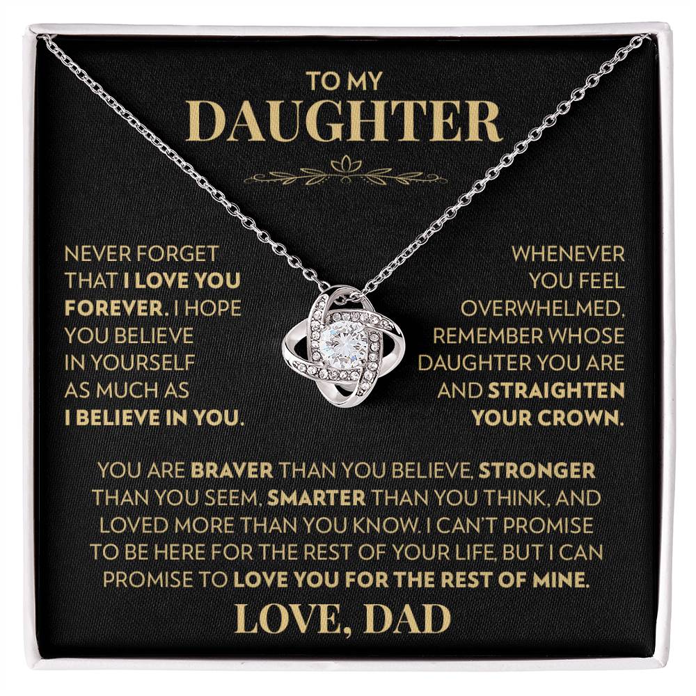 Love knot pendant necklace in 14k white gold finish on the "To My Daughter" message card from Dad (Never Forget That I Love You)