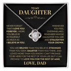 Love knot pendant necklace in 14k white gold finish on the "To My Daughter" message card from Dad (Never Forget That I Love You)