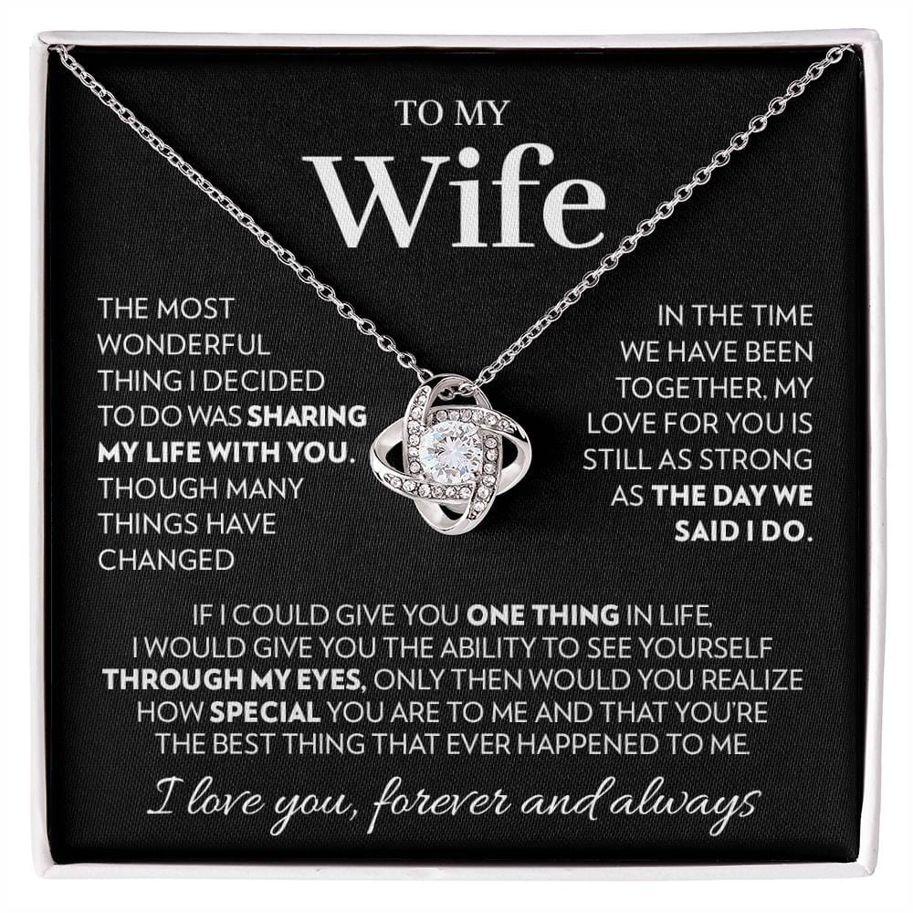 Love knot pendant necklace in 14k white gold finish on the "To My Wife" message card from husband