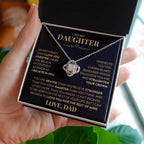 Love knot pendant necklace in 14k white gold finish with the "To My Daughter" message card from Dad (Never Forget That I Love You), in the two tone soft touch box