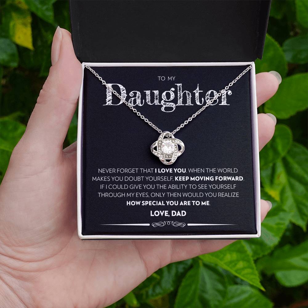 Love knot pendant necklace in 14k white gold finish with the "To My Daughter" message card from Dad (Keep Moving Forward), in the two tone soft touch box