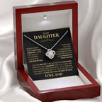 Mahogany style box with LED light holding the love knot pendant necklace in 14k white gold finish and the "To My Daughter" message card from Dad (Never Forget That I Love You)