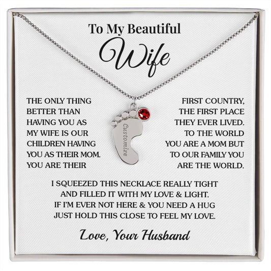 To Wife (From Husband) - First Country - Custom Baby Feet Necklace with Birthstone