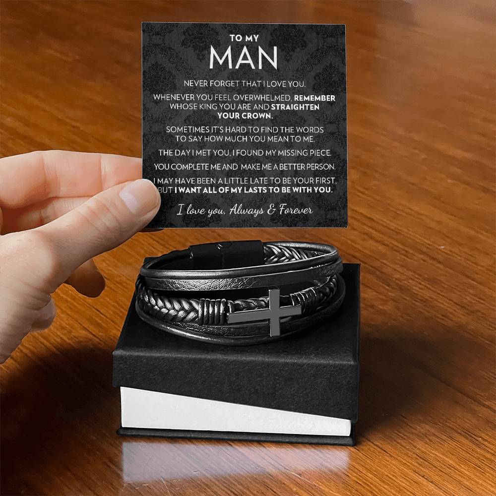 To My Man - All My Lasts - Men's Cross Vegan Leather Bracelet
