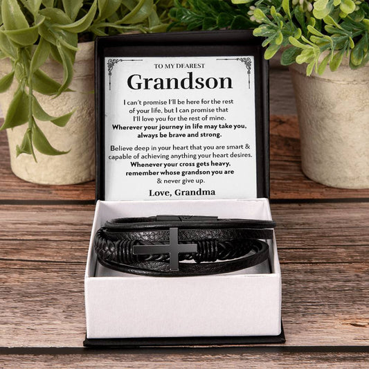 To Grandson (From Grandma) - Believe - Men's Cross Vegan Leather Bracelet