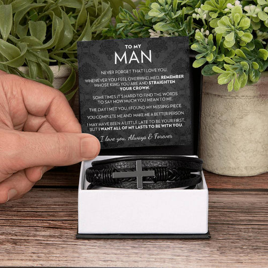 To My Man - All My Lasts - Men's Cross Vegan Leather Bracelet