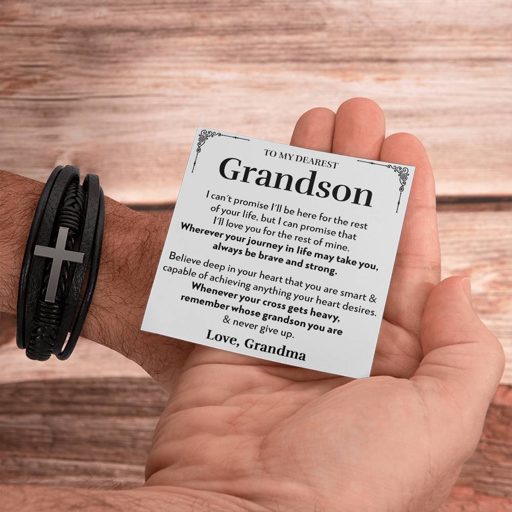 To Grandson (From Grandma) - Believe - Men's Cross Vegan Leather Bracelet