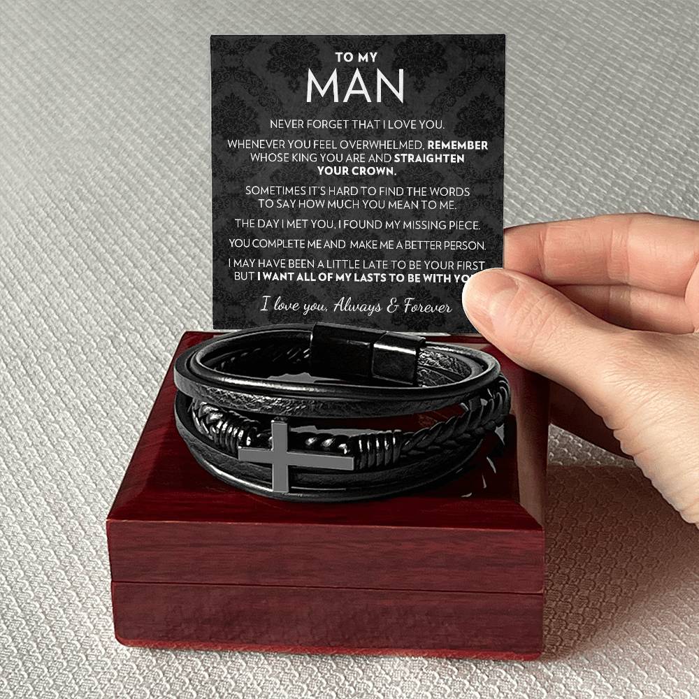 To My Man - All My Lasts - Men's Cross Vegan Leather Bracelet