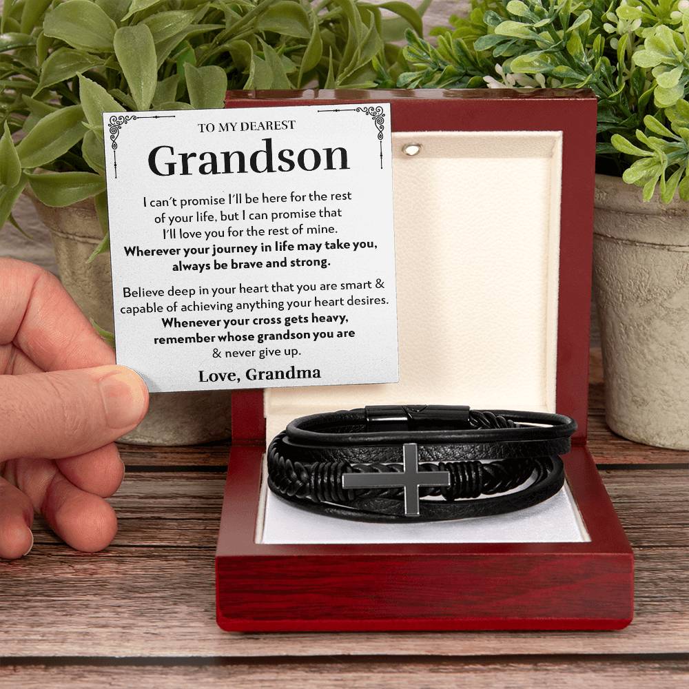 To Grandson (From Grandma) - Believe - Men's Cross Vegan Leather Bracelet