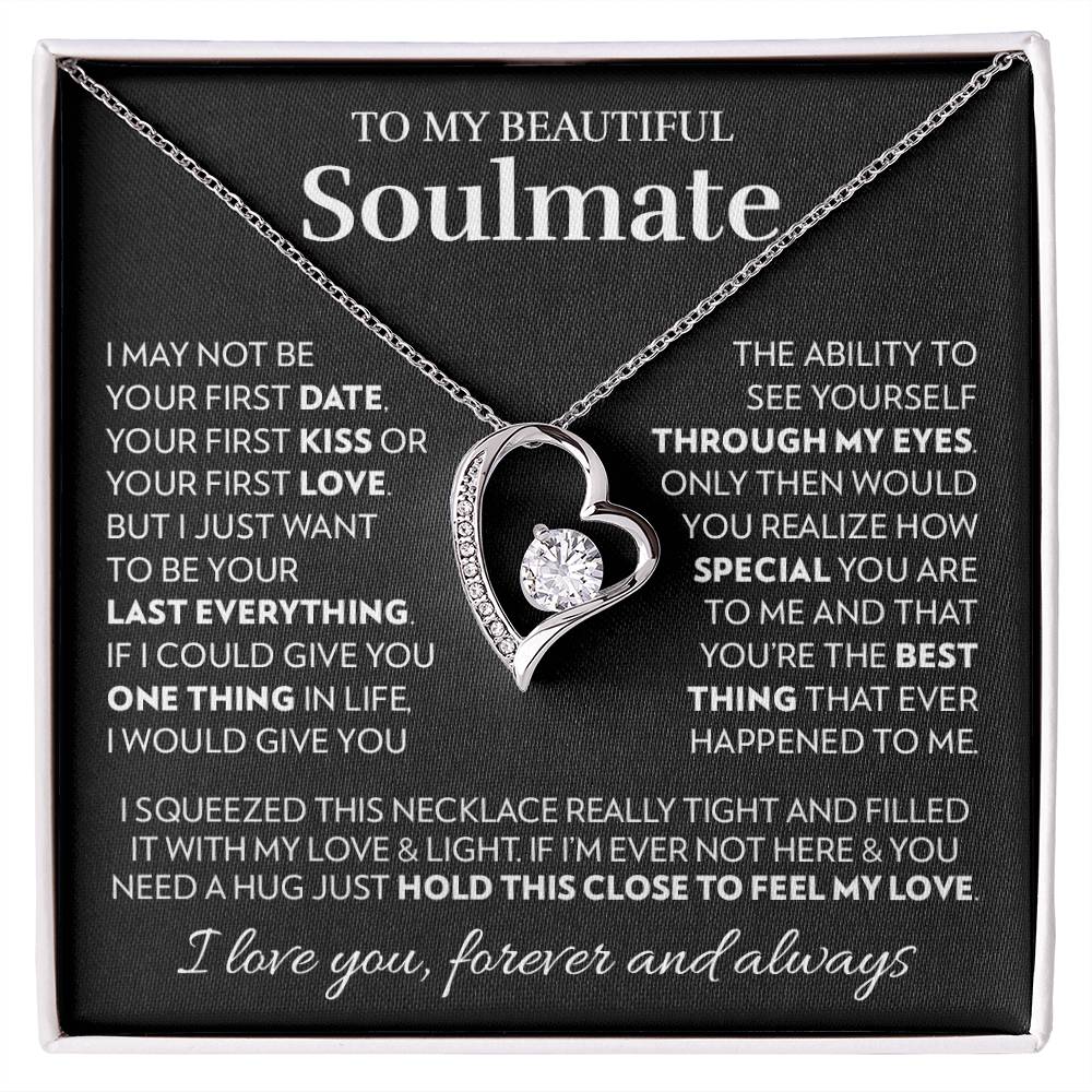 Heart pendant necklace in 14k white gold finish on the "To My Beautiful Soulmate" message card for wife or girlfriend