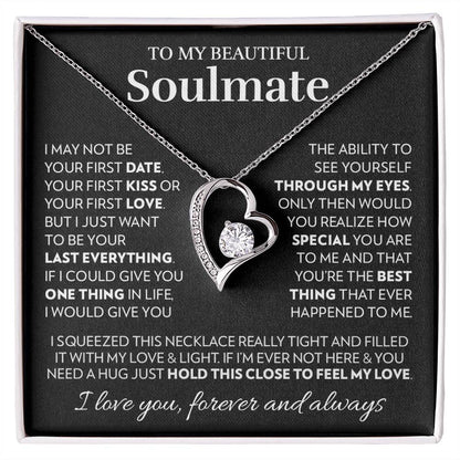 Heart pendant necklace in 14k white gold finish on the "To My Beautiful Soulmate" message card for wife or girlfriend