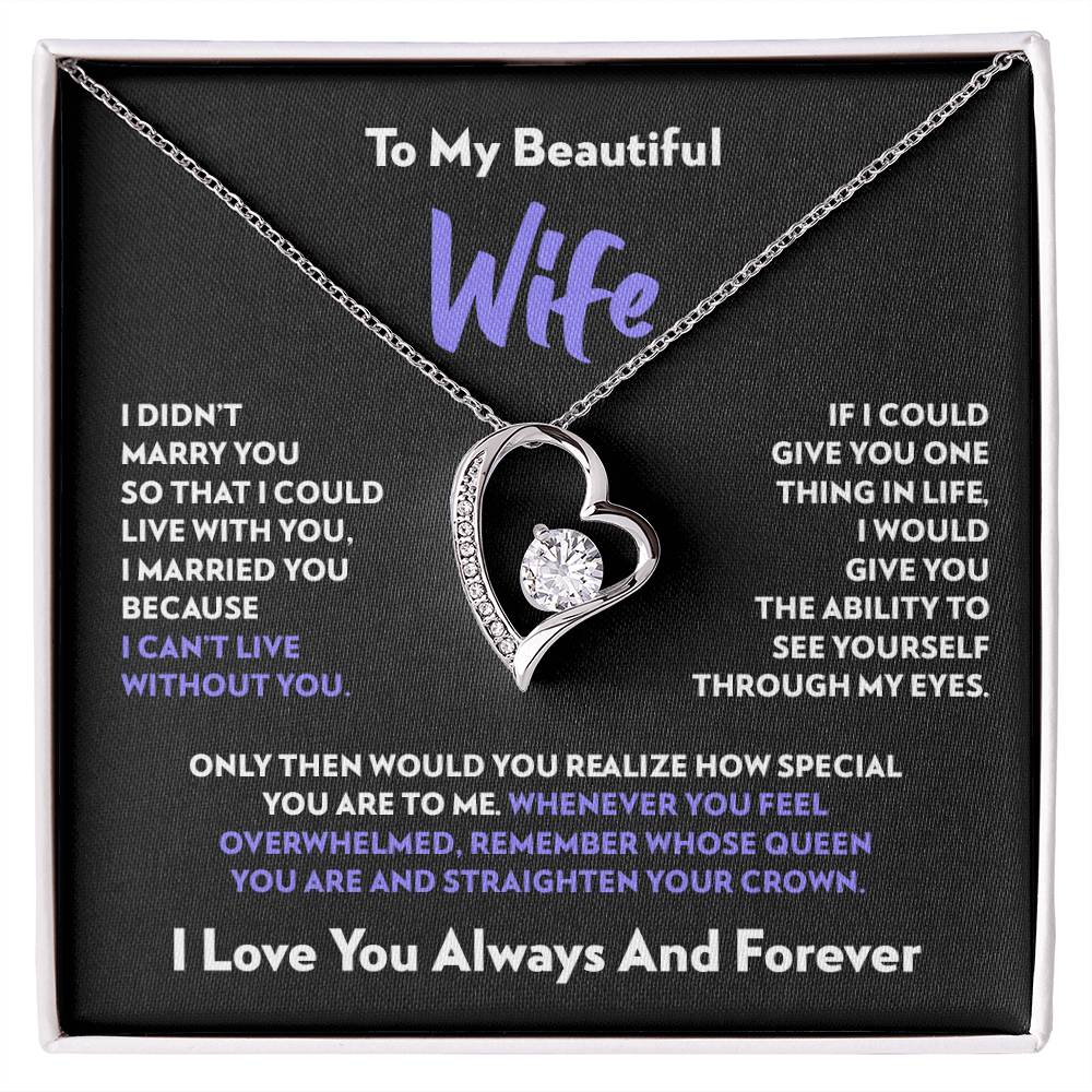 Heart pendant necklace in 14k white gold finish on the "To My Beautiful Wife" message card from husband