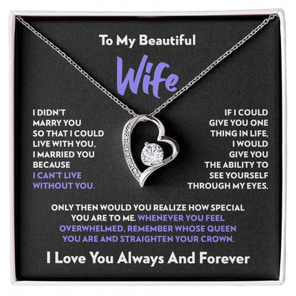Heart pendant necklace in 14k white gold finish on the "To My Beautiful Wife" message card from husband