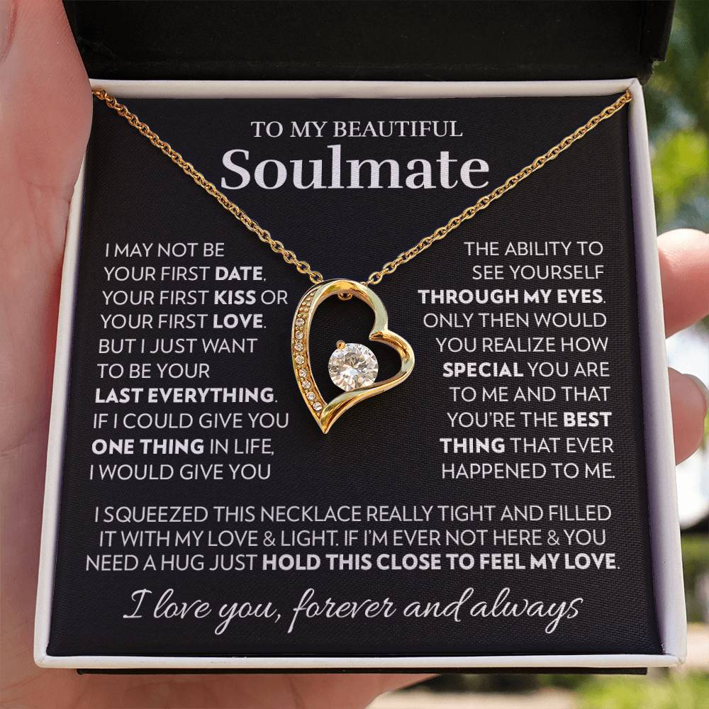 Heart pendant necklace in 18k yellow gold finish with the "To My Beautiful Soulmate" message card for wife or girlfriend, in the two tone soft touch box