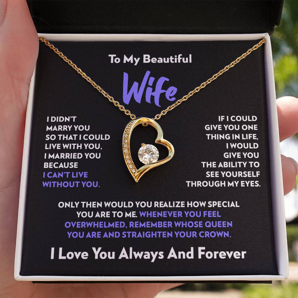 Heart pendant necklace in 18k yellow gold finish with the "To My Beautiful Wife" message card from husband, in the two tone soft touch box