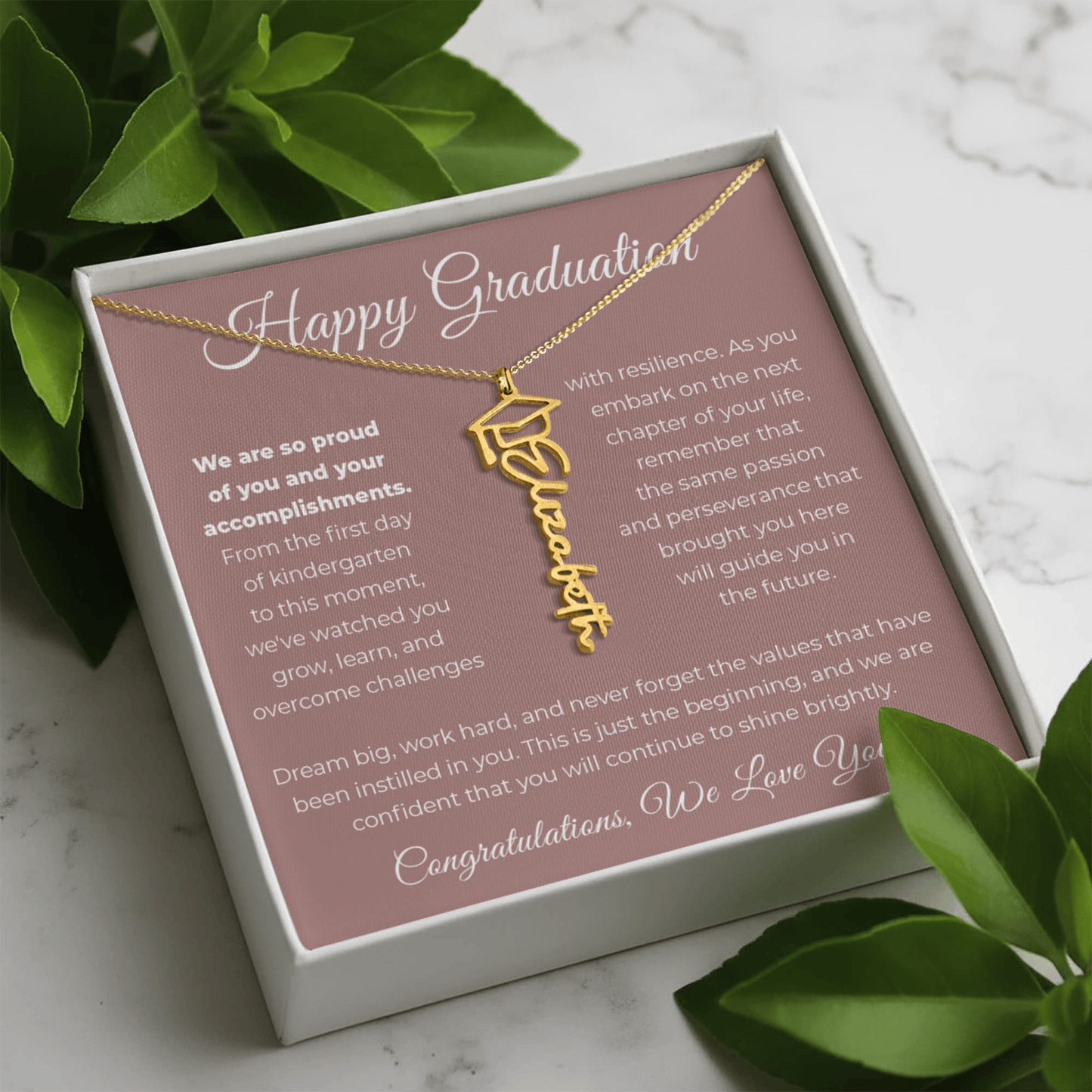 To Graduate - We Are So Proud - Graduation Cap Name Necklace – Personalised with Graduate's Name